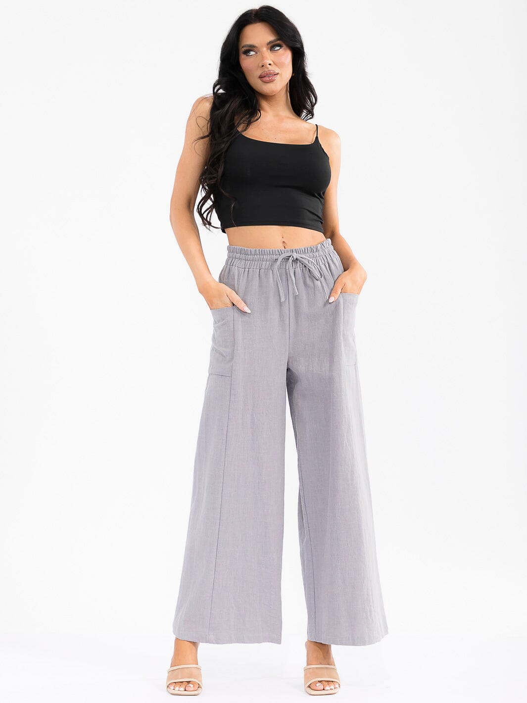 WOMEN'S ELASTIC WAIST POCKETS WIDE LEG PALAZZO LINEN PANTS