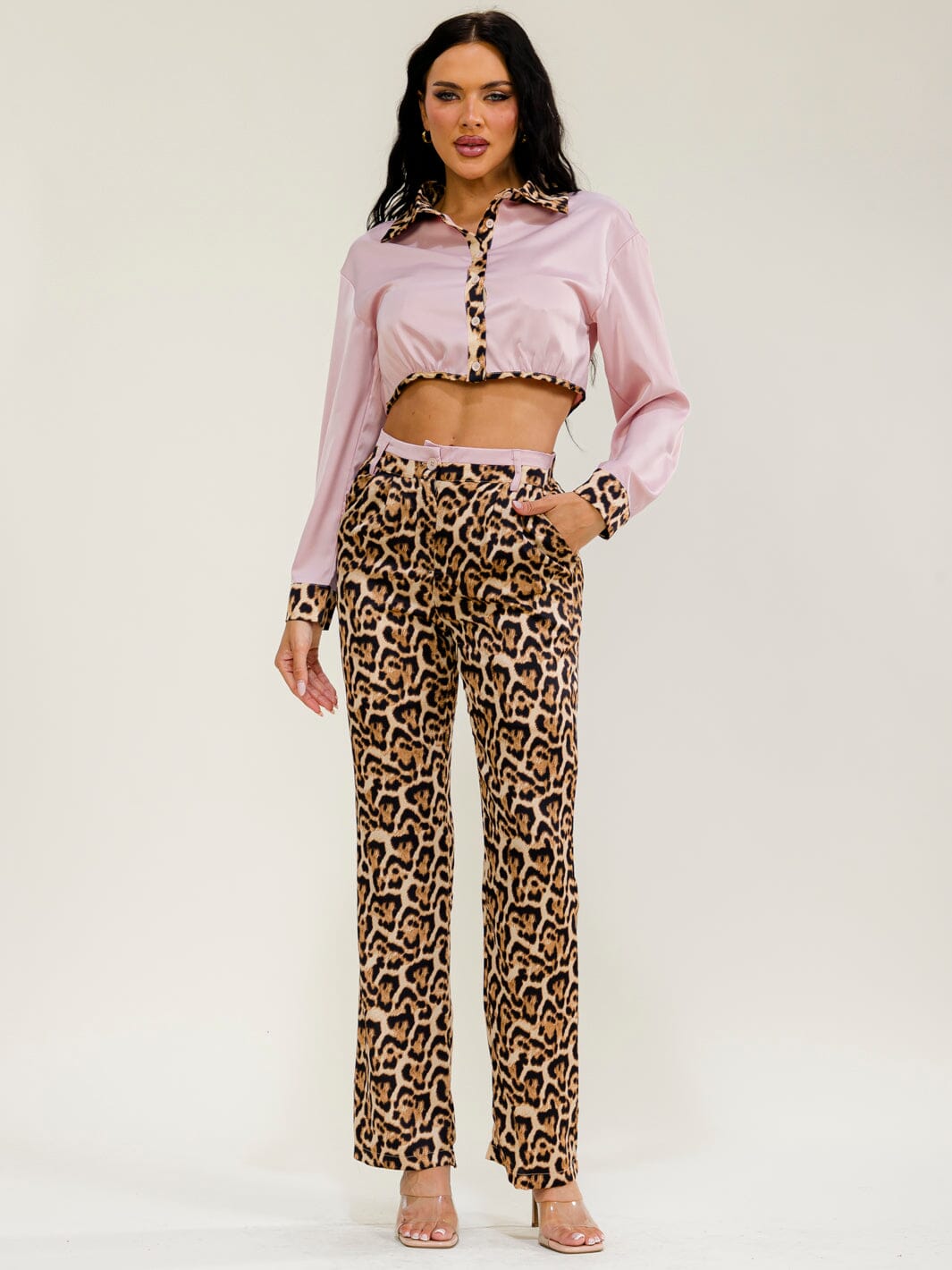 WOMEN'S LONG SLEEVES BUTTON UP TOP & ELASTIC WAIST POCKETS STRAIGHT LEG PANTS ANIMAL PRINT 2PC. SET