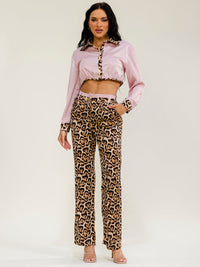 WOMEN'S LONG SLEEVES BUTTON UP TOP & ELASTIC WAIST POCKETS STRAIGHT LEG PANTS ANIMAL PRINT 2PC. SET