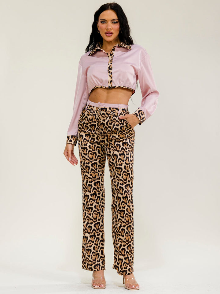 WOMEN'S LONG SLEEVES BUTTON UP TOP & ELASTIC WAIST POCKETS STRAIGHT LEG PANTS ANIMAL PRINT 2PC. SET