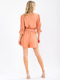 WOMEN'S SHORT SLEEVE SURPLICE POCKETS BELTED ROMPER