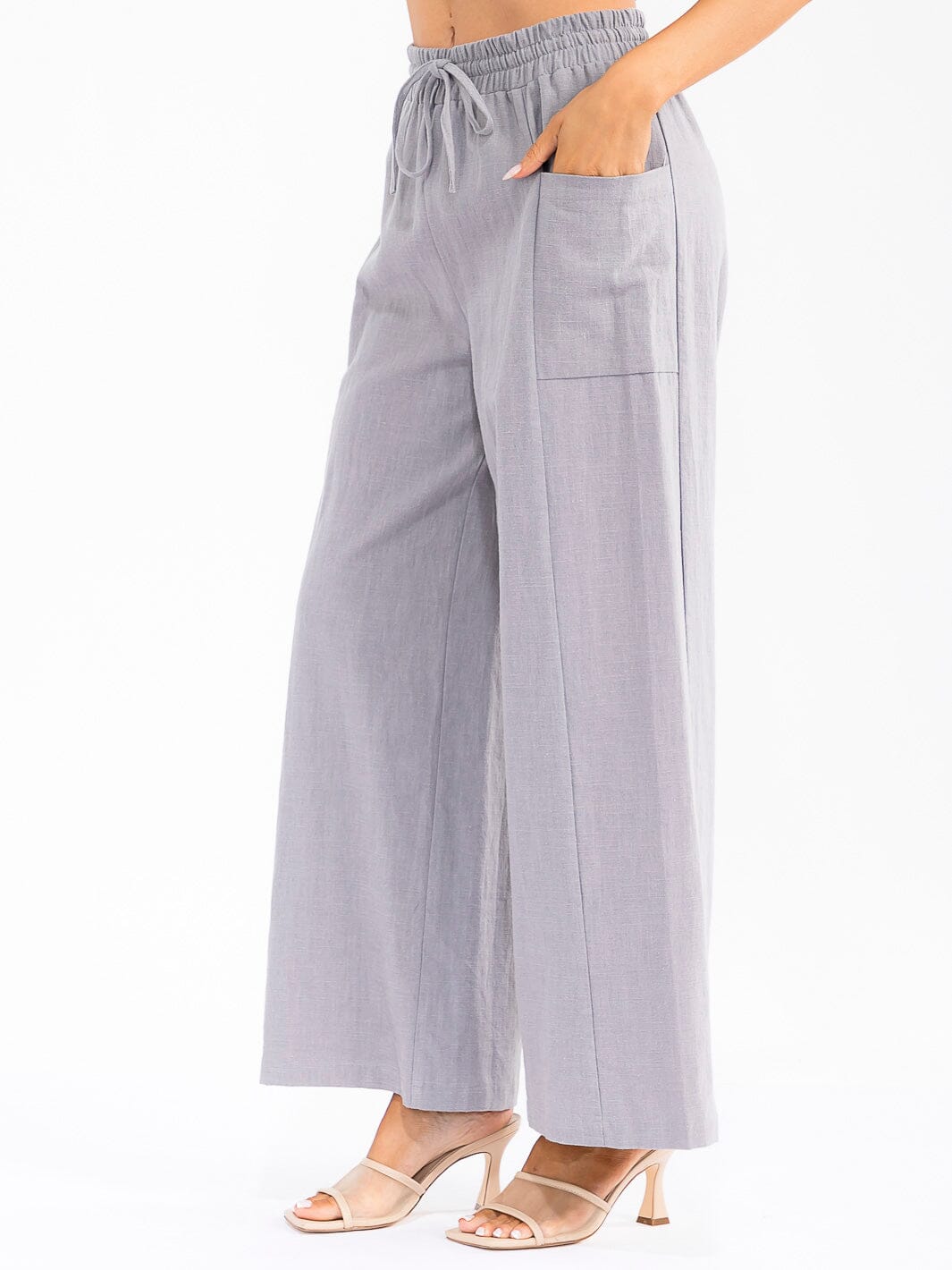 WOMEN'S ELASTIC WAIST POCKETS WIDE LEG PALAZZO LINEN PANTS