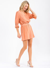 WOMEN'S SHORT SLEEVE SURPLICE POCKETS BELTED ROMPER