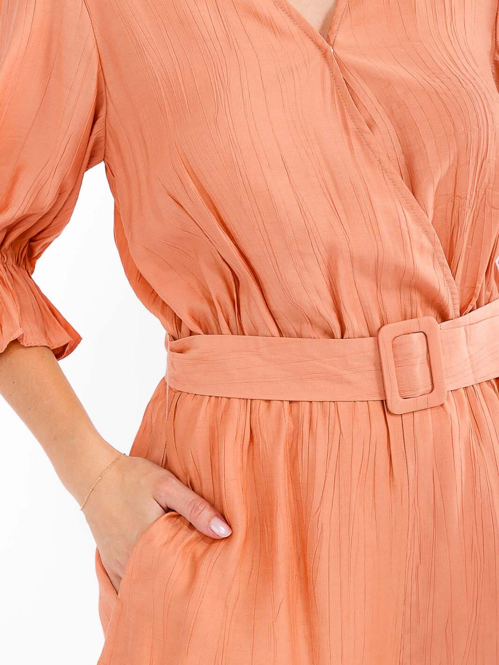 WOMEN'S SHORT SLEEVE SURPLICE POCKETS BELTED ROMPER