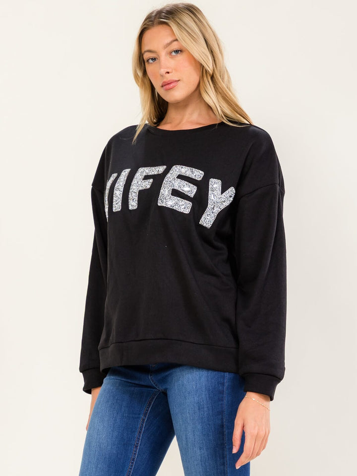 WOMEN'S LONG SLEEVE STUDS WIFEY PULLOVER SWEATER
