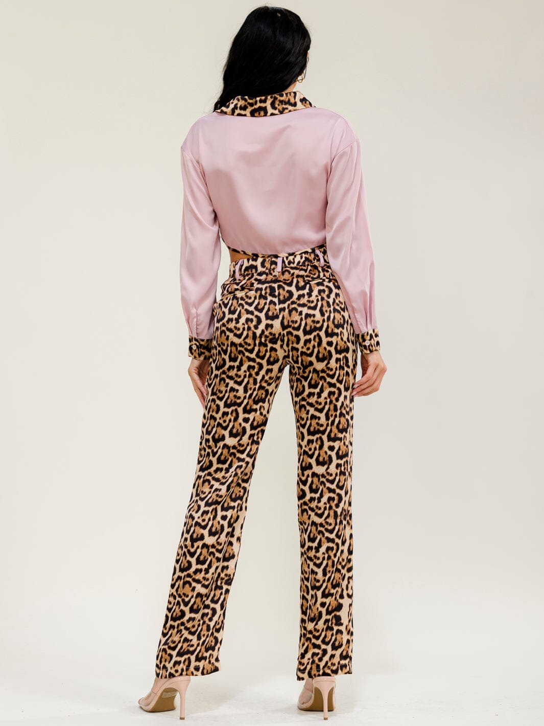 WOMEN'S LONG SLEEVES BUTTON UP TOP & ELASTIC WAIST POCKETS STRAIGHT LEG PANTS ANIMAL PRINT 2PC. SET
