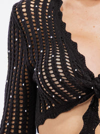 WOMEN'S LONG SLEEVE SELF TIE PEARL DETAILED KNIT CROP TOP