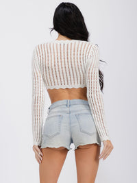 WOMEN'S LONG SLEEVE SELF TIE PEARL DETAILED KNIT CROP TOP