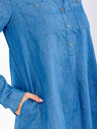 WOMEN'S LONG SLEEVE BUTTON UP POCKETS CHAMBRAY TUNIC MINI DRESS