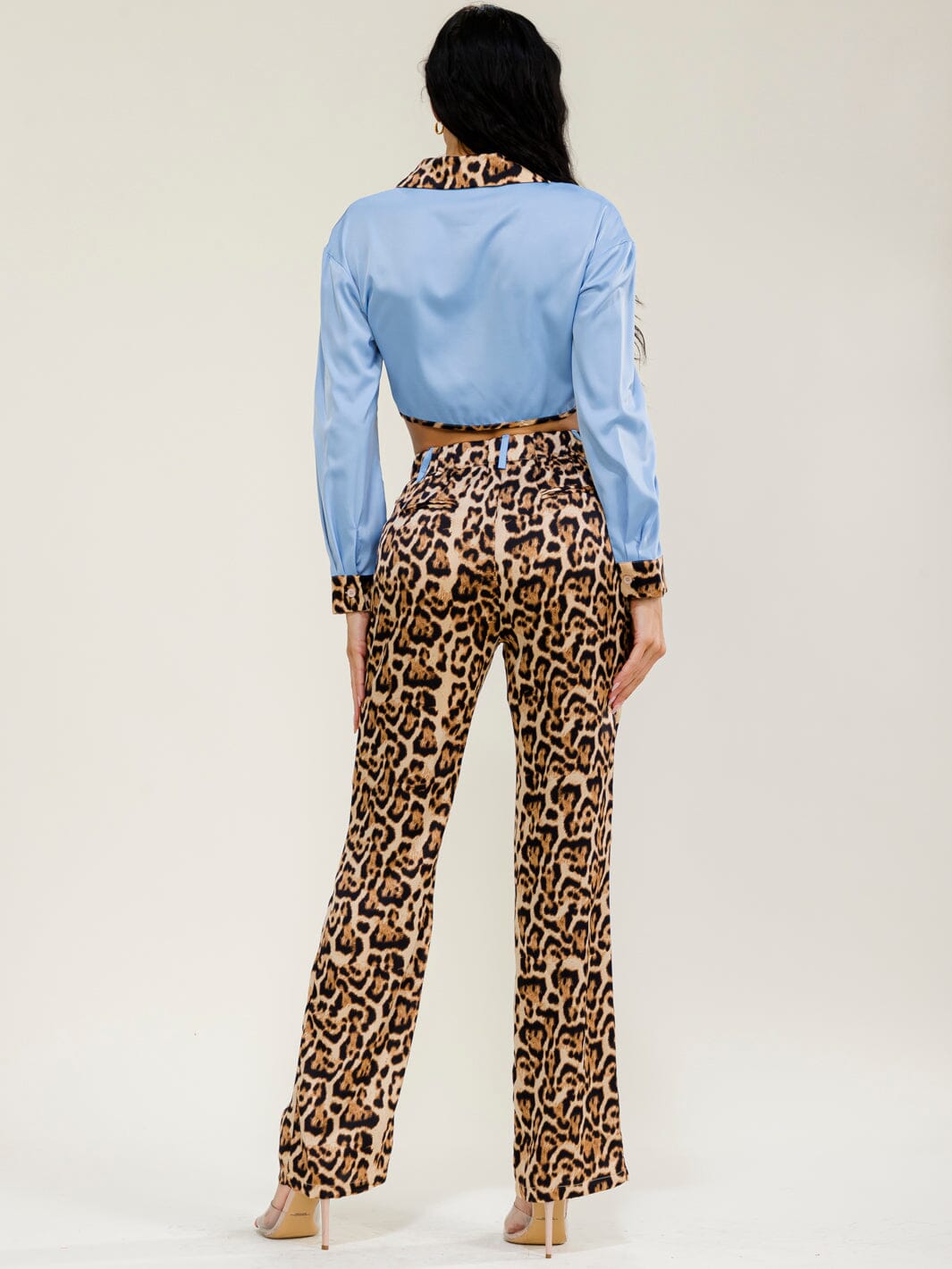 WOMEN'S LONG SLEEVES BUTTON UP TOP & ELASTIC WAIST POCKETS STRAIGHT LEG PANTS ANIMAL PRINT 2PC. SET