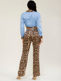 WOMEN'S LONG SLEEVES BUTTON UP TOP & ELASTIC WAIST POCKETS STRAIGHT LEG PANTS ANIMAL PRINT 2PC. SET