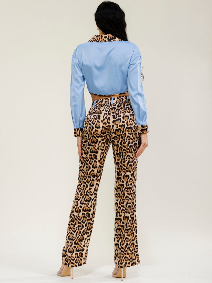 WOMEN'S LONG SLEEVES BUTTON UP TOP & ELASTIC WAIST POCKETS STRAIGHT LEG PANTS ANIMAL PRINT 2PC. SET