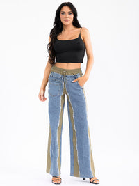 WOMEN'S ELASTIC WAIST POCKETS DENIM CONTRAST WIDE LEG PANTS