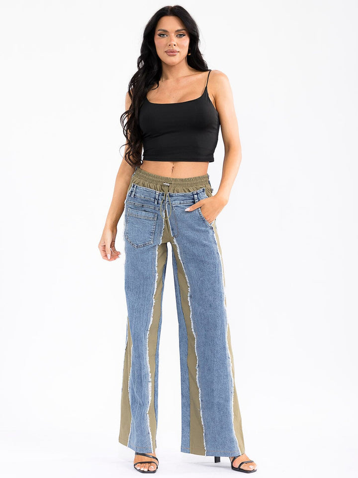 WOMEN'S ELASTIC WAIST POCKETS DENIM CONTRAST WIDE LEG PANTS