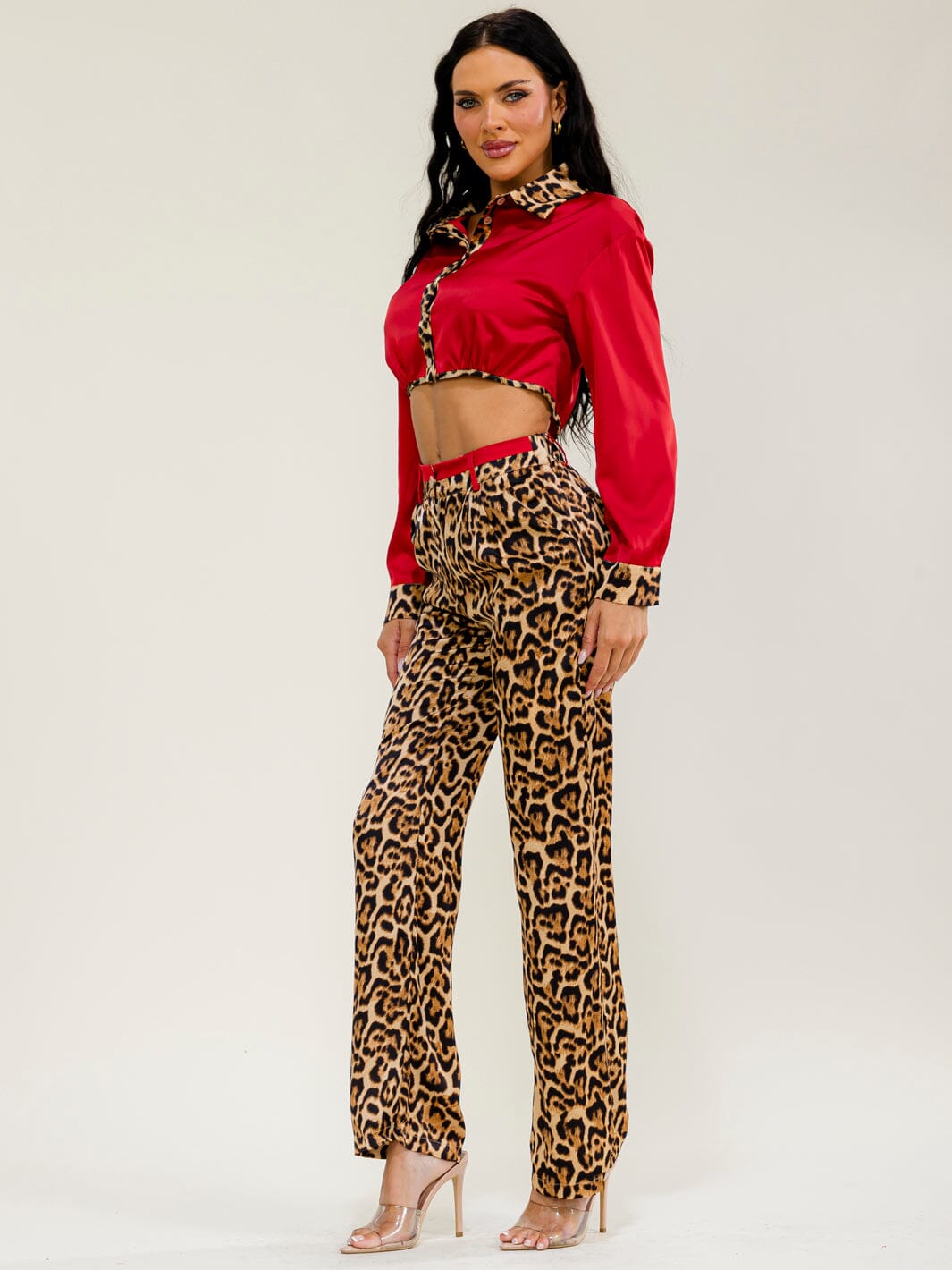 WOMEN'S LONG SLEEVES BUTTON UP TOP & ELASTIC WAIST POCKETS STRAIGHT LEG PANTS ANIMAL PRINT 2PC. SET
