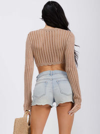 WOMEN'S LONG SLEEVE SELF TIE PEARL DETAILED KNIT CROP TOP