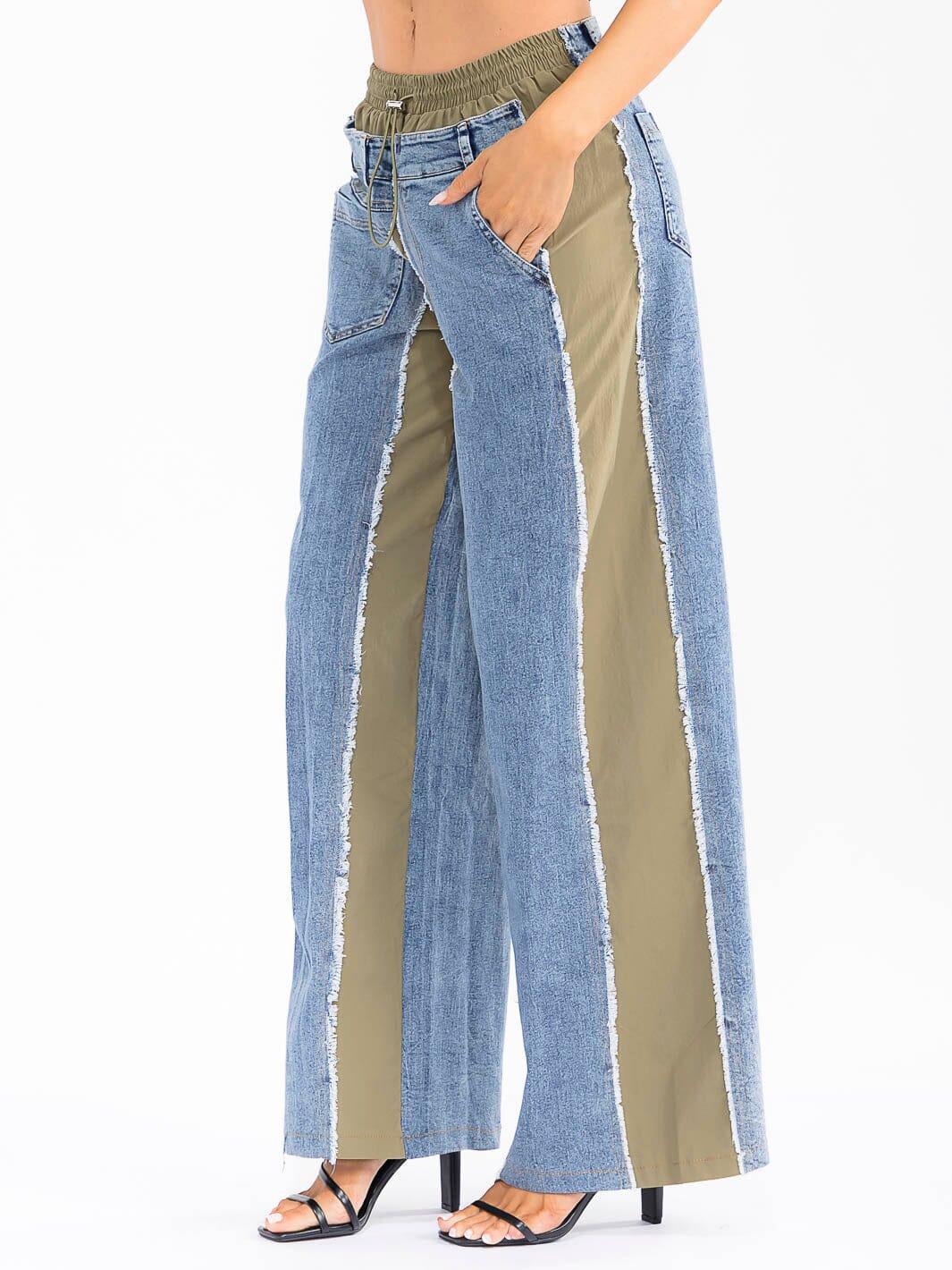 WOMEN'S ELASTIC WAIST POCKETS DENIM CONTRAST WIDE LEG PANTS