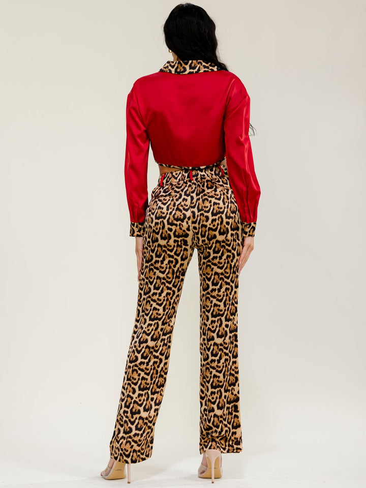 WOMEN'S LONG SLEEVES BUTTON UP TOP & ELASTIC WAIST POCKETS STRAIGHT LEG PANTS ANIMAL PRINT 2PC. SET
