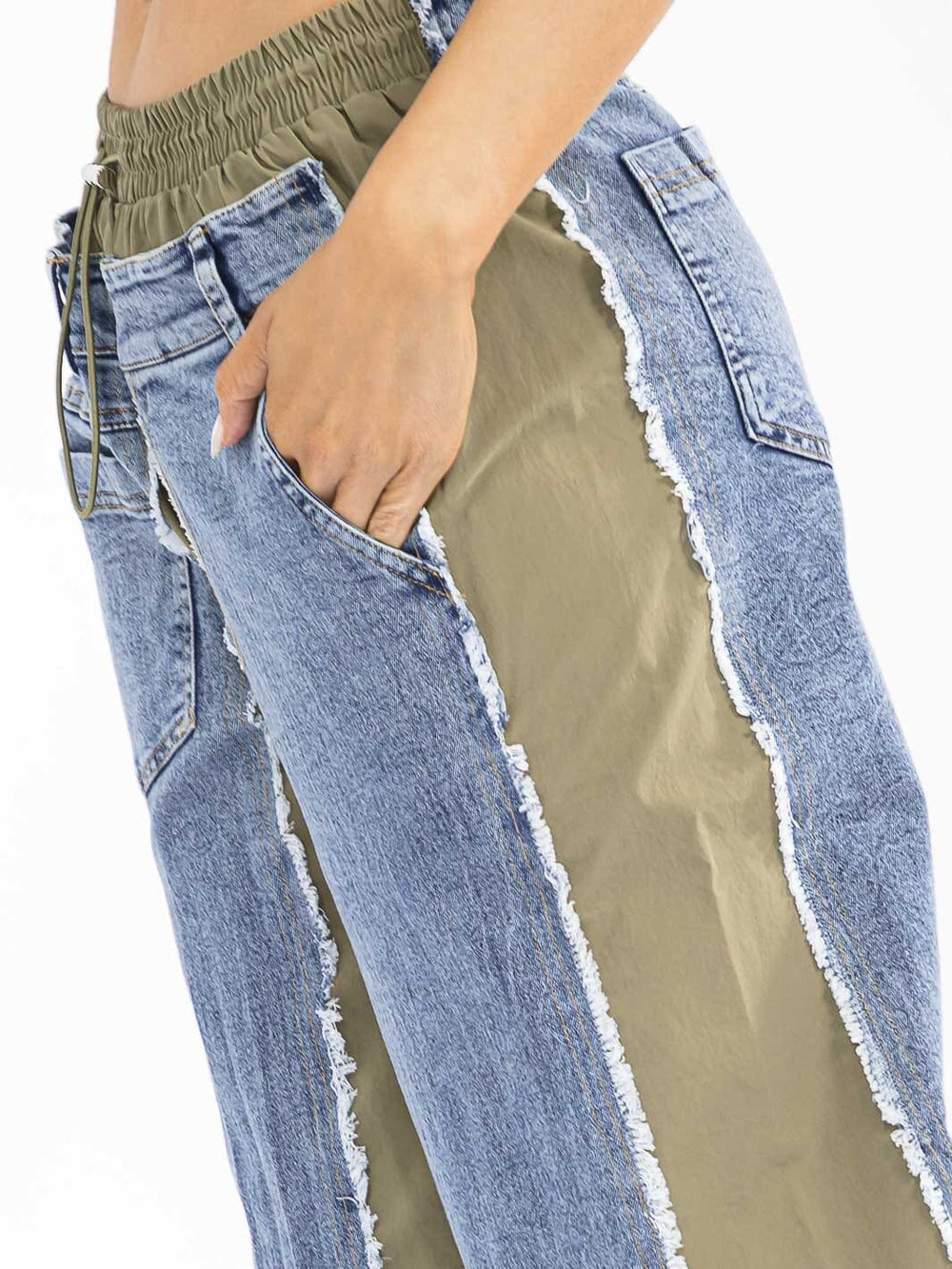 WOMEN'S ELASTIC WAIST POCKETS DENIM CONTRAST WIDE LEG PANTS