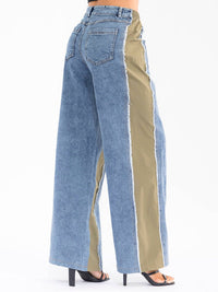 WOMEN'S ELASTIC WAIST POCKETS DENIM CONTRAST WIDE LEG PANTS
