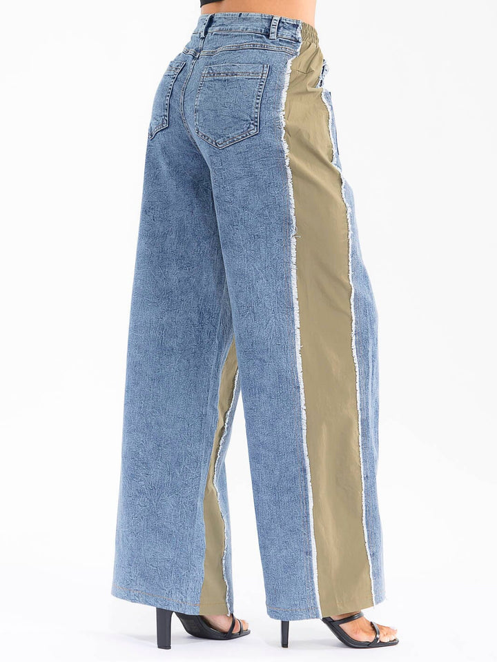 WOMEN'S ELASTIC WAIST POCKETS DENIM CONTRAST WIDE LEG PANTS