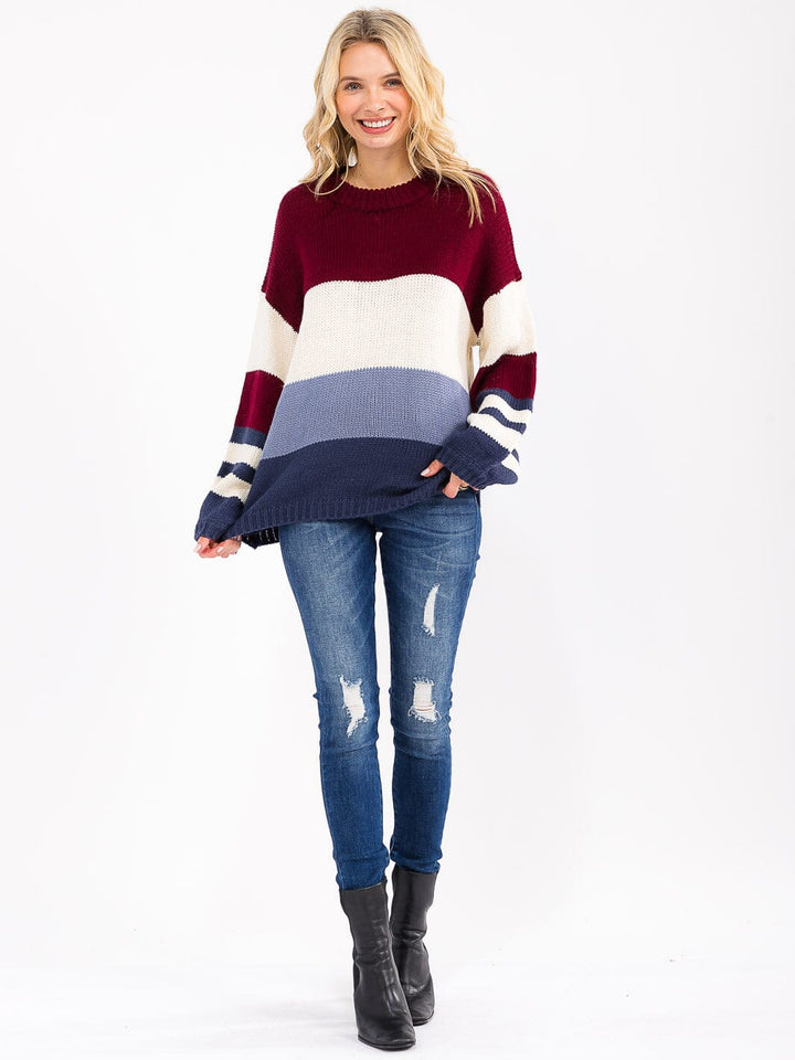 WOMEN'S LONG SLEEVE COLORBLOCK KNIT PULLOVER SWEATER