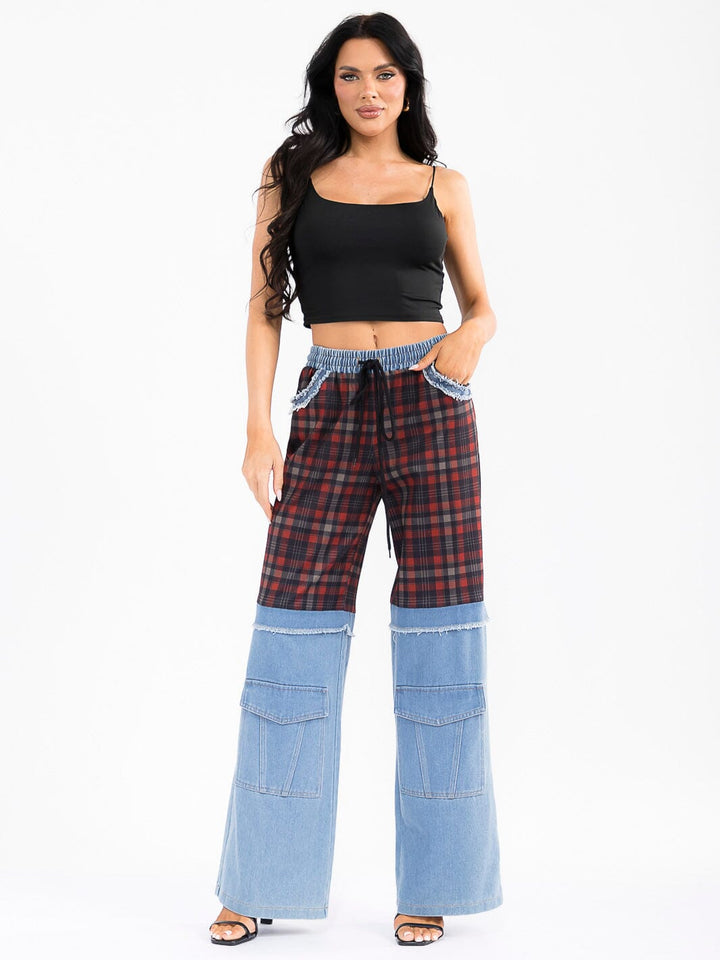 WOMEN'S ELASTIC WAIST POCKETS PLAID DENIM CONTRAST WIDE LEG PANTS