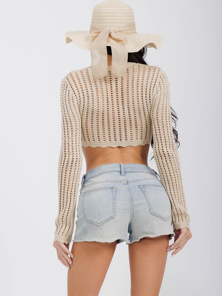 WOMEN'S LONG SLEEVE SELF TIE PEARL DETAILED KNIT CROP TOP