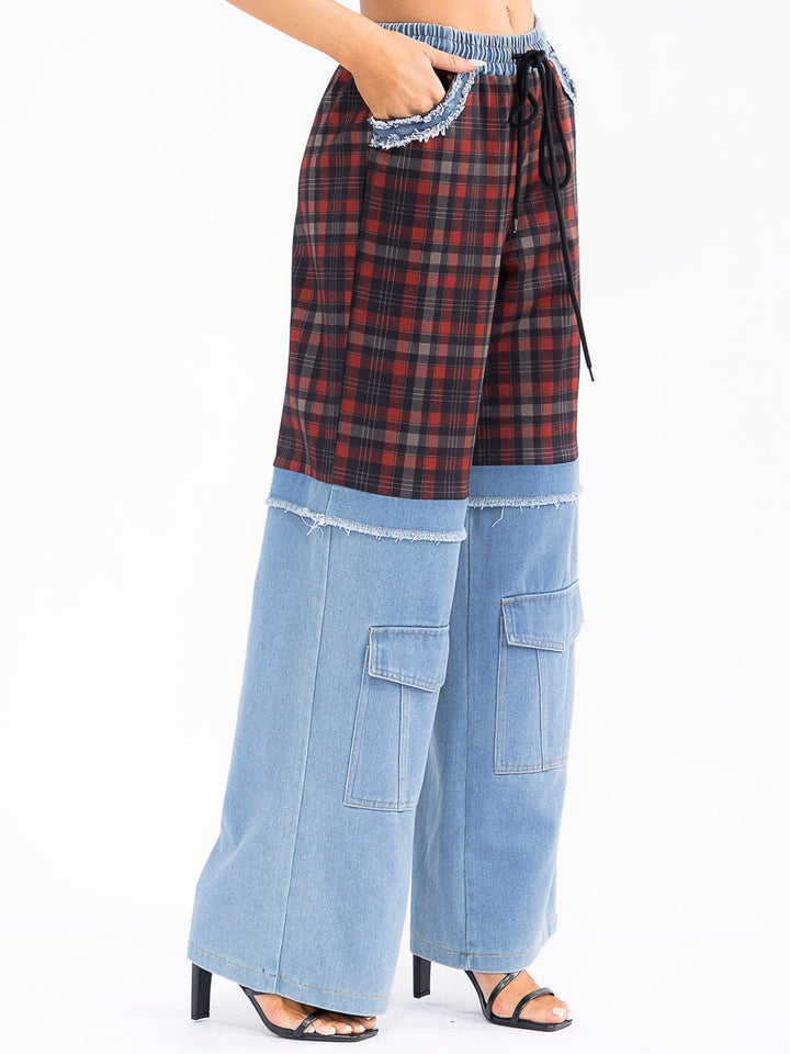 WOMEN'S ELASTIC WAIST POCKETS PLAID DENIM CONTRAST WIDE LEG PANTS