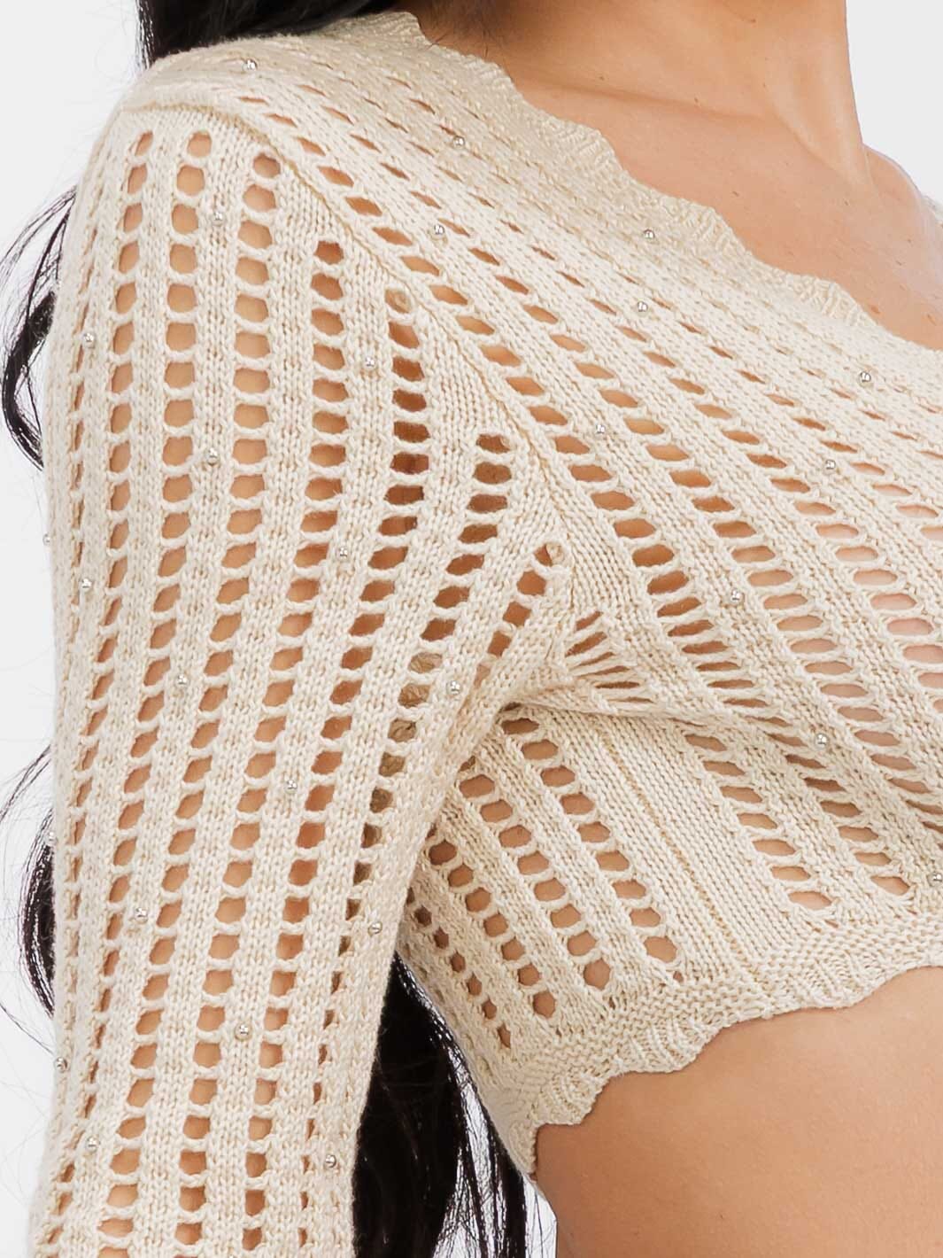 WOMEN'S LONG SLEEVE SELF TIE PEARL DETAILED KNIT CROP TOP