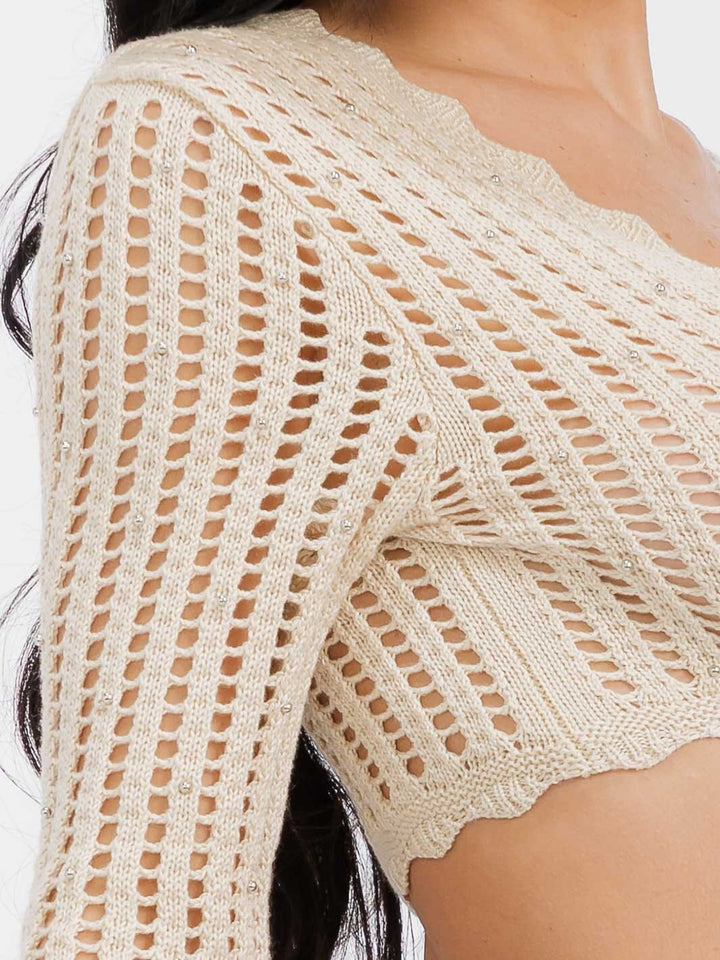 WOMEN'S LONG SLEEVE SELF TIE PEARL DETAILED KNIT CROP TOP