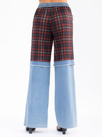 WOMEN'S ELASTIC WAIST POCKETS PLAID DENIM CONTRAST WIDE LEG PANTS