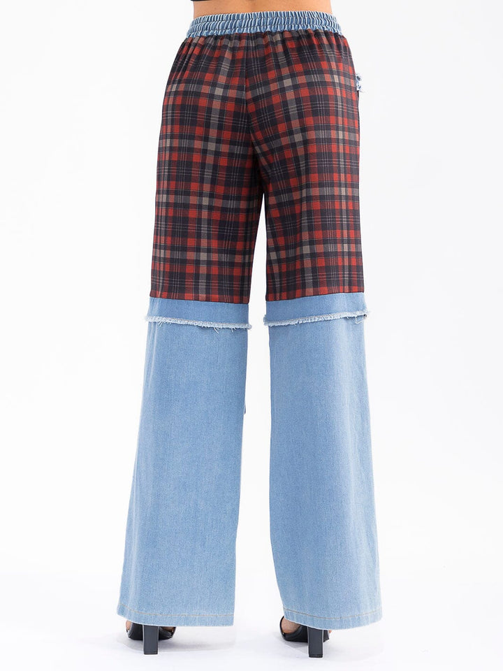 WOMEN'S ELASTIC WAIST POCKETS PLAID DENIM CONTRAST WIDE LEG PANTS