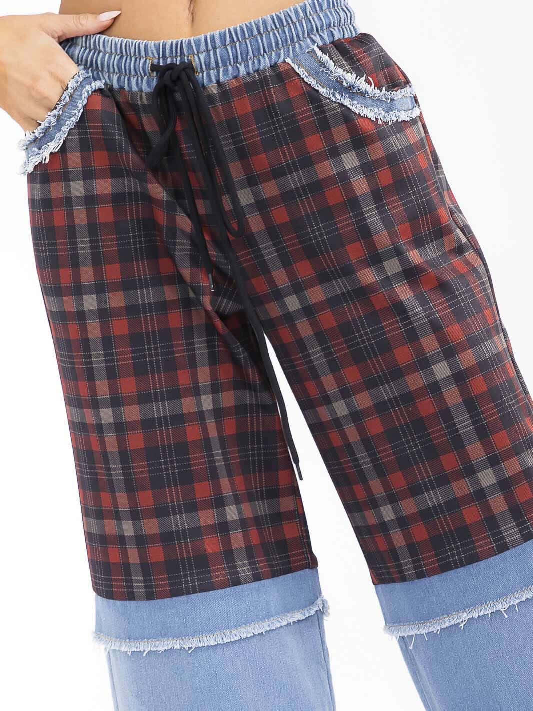 WOMEN'S ELASTIC WAIST POCKETS PLAID DENIM CONTRAST WIDE LEG PANTS