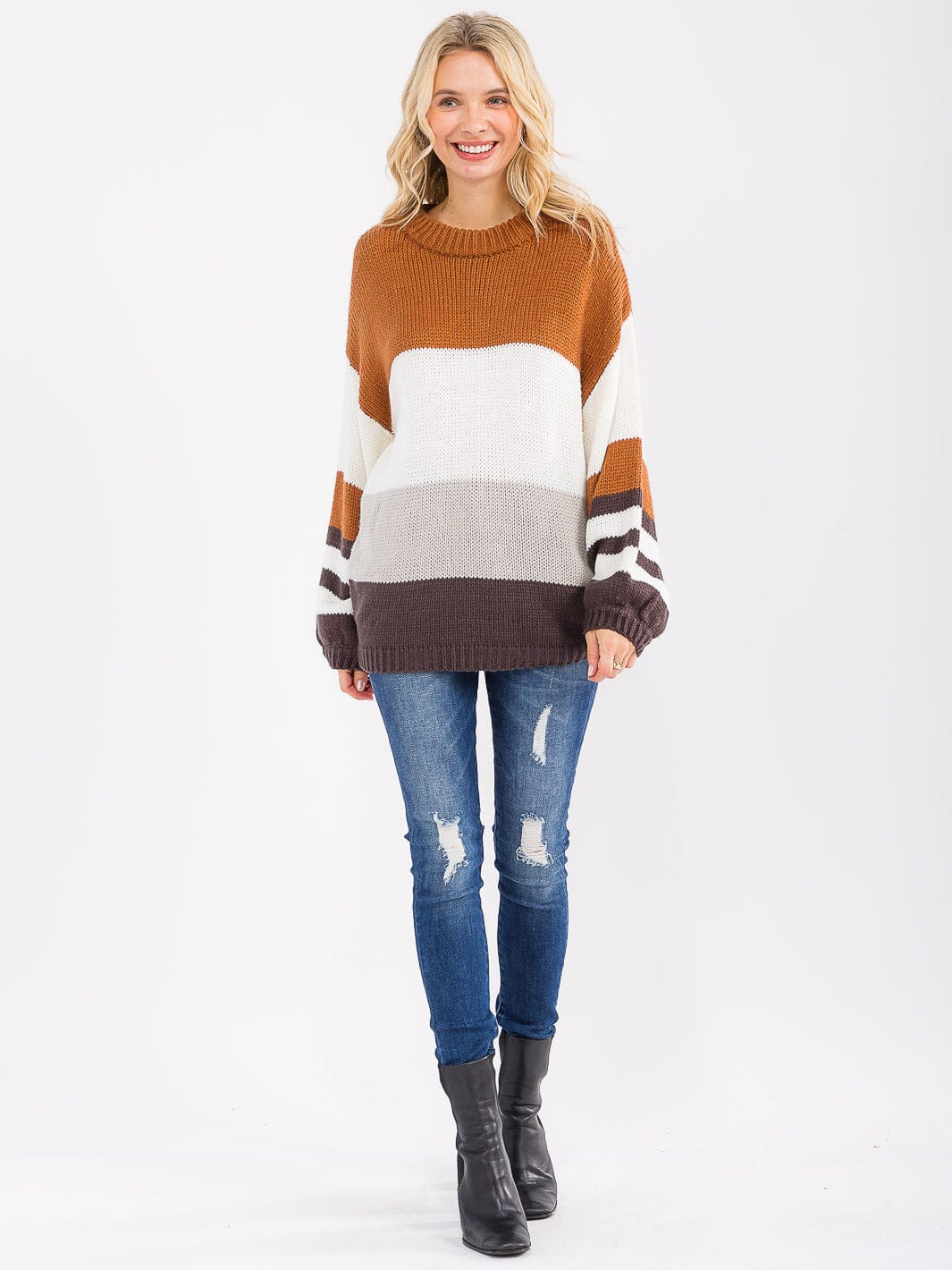 WOMEN'S LONG SLEEVE COLORBLOCK KNIT PULLOVER SWEATER