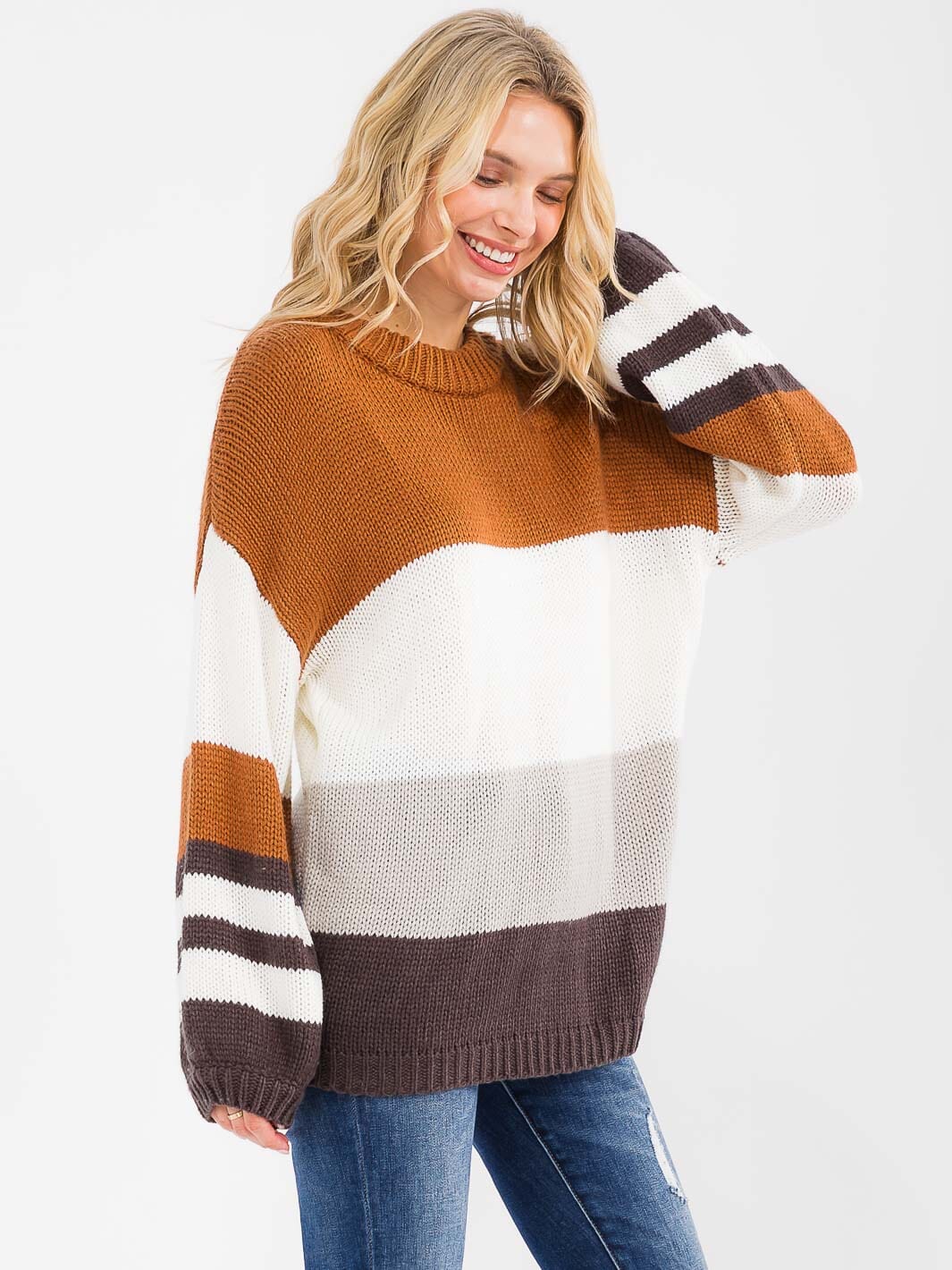 WOMEN'S LONG SLEEVE COLORBLOCK KNIT PULLOVER SWEATER