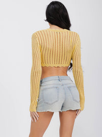 WOMEN'S LONG SLEEVE SELF TIE PEARL DETAILED KNIT CROP TOP