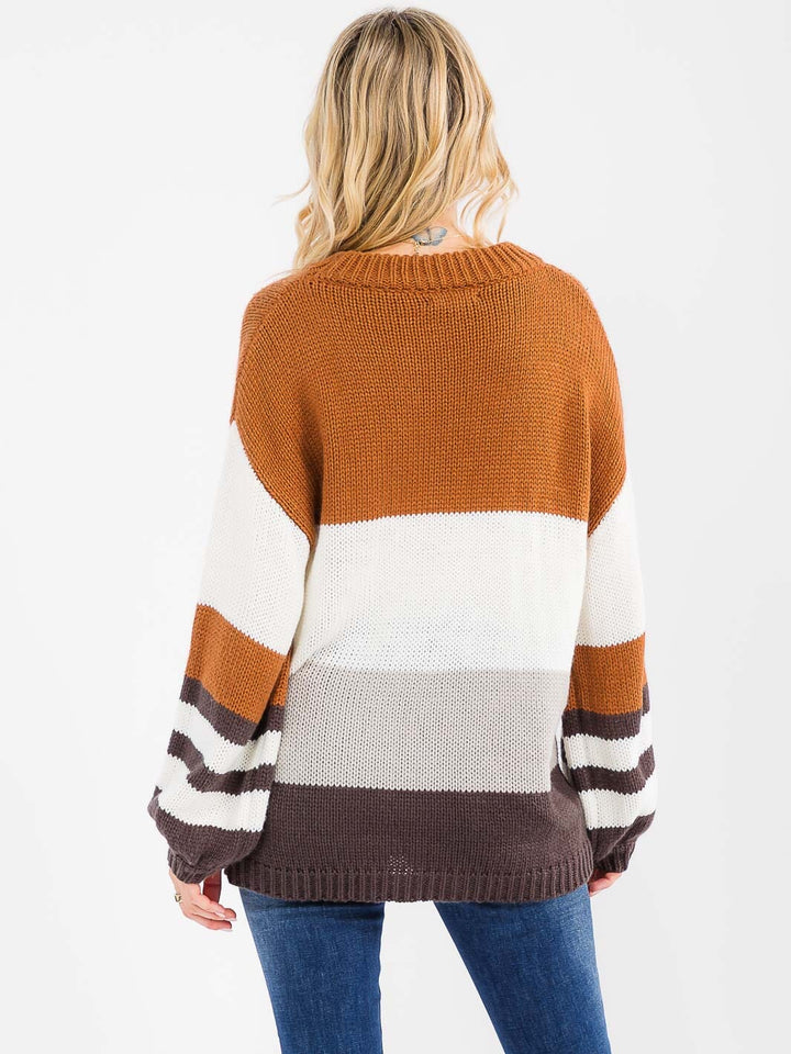 WOMEN'S LONG SLEEVE COLORBLOCK KNIT PULLOVER SWEATER