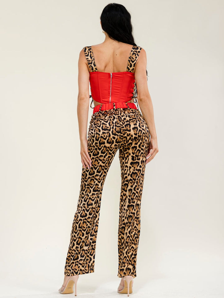 WOMEN'S SLEEVELESS CROP TOP & BUTTON CLOSURE POCKETS STRAIGHT LEG PANTS ANIMAL PRINT 2PC. SET