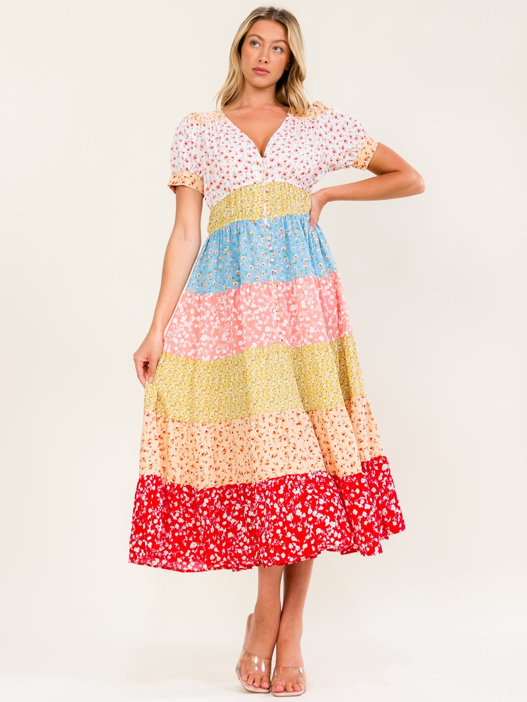 WOMEN'S SHORT SLEEVE BUTTON UP COLORBLOCK FLORAL PRINT MAXI DRESS