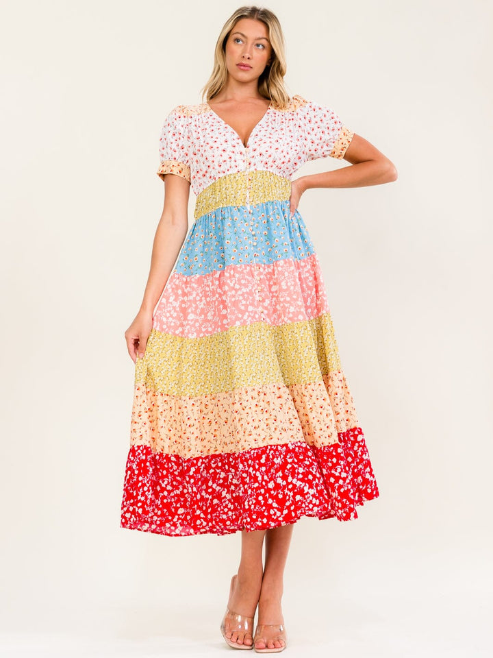 WOMEN'S SHORT SLEEVE BUTTON UP COLORBLOCK FLORAL PRINT MAXI DRESS