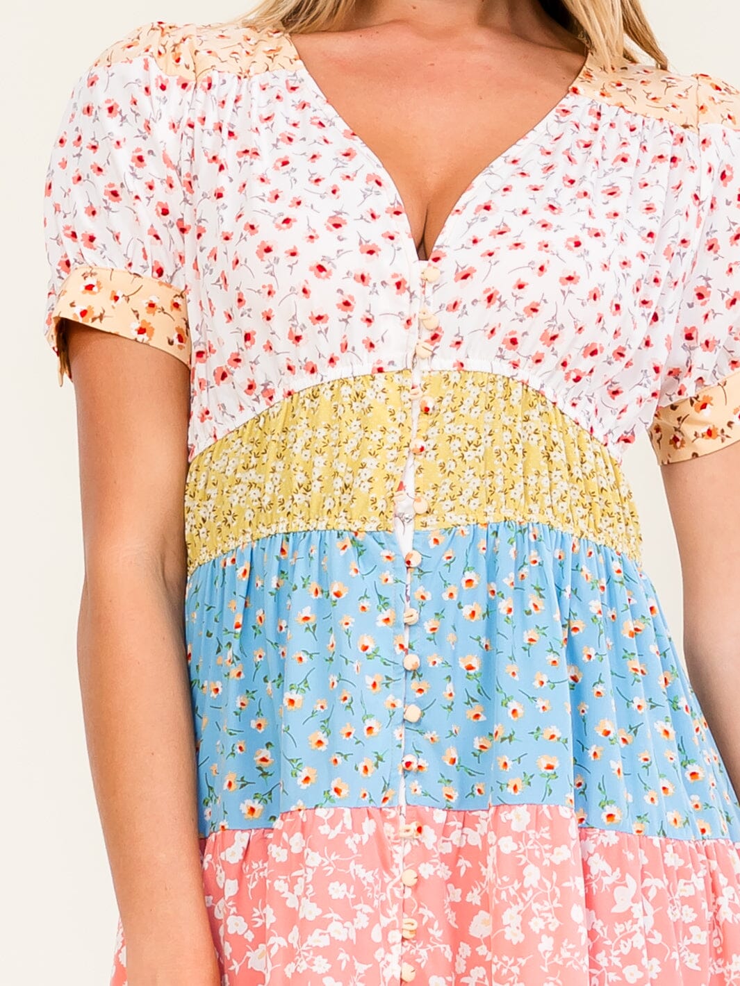 WOMEN'S SHORT SLEEVE BUTTON UP COLORBLOCK FLORAL PRINT MAXI DRESS