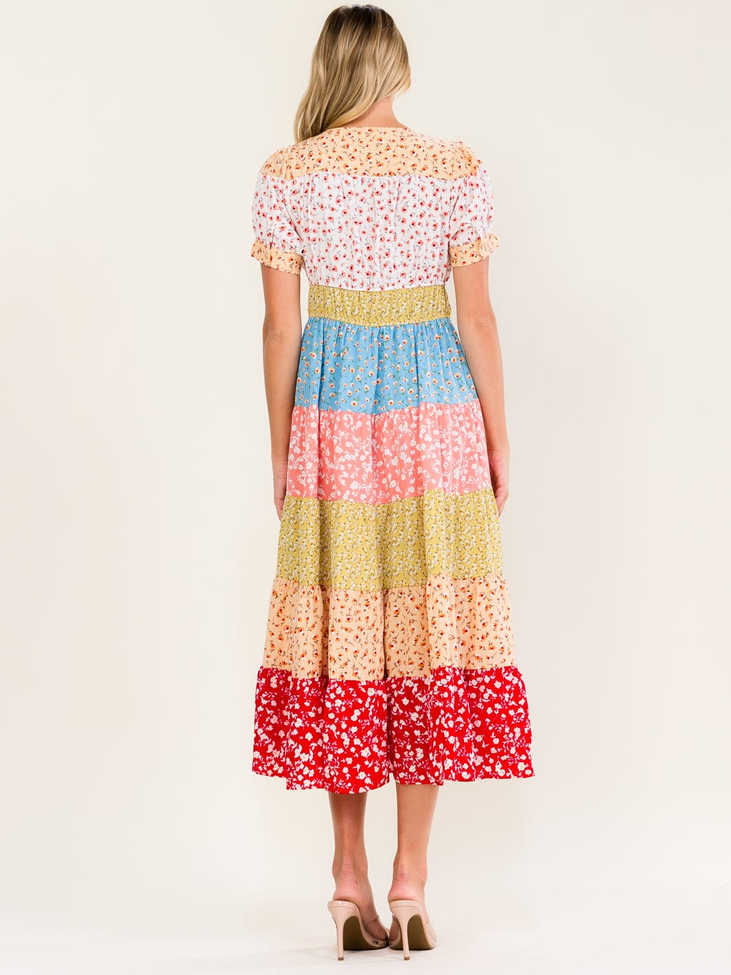 WOMEN'S SHORT SLEEVE BUTTON UP COLORBLOCK FLORAL PRINT MAXI DRESS