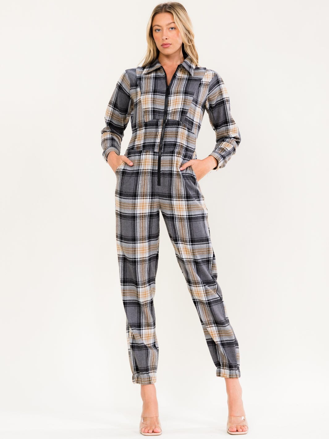 WOMEN'S LONG SLEEVE ZIP UP POCKETS ELASTIC WAIST SKINNY LEG PLAID JUMPSUIT