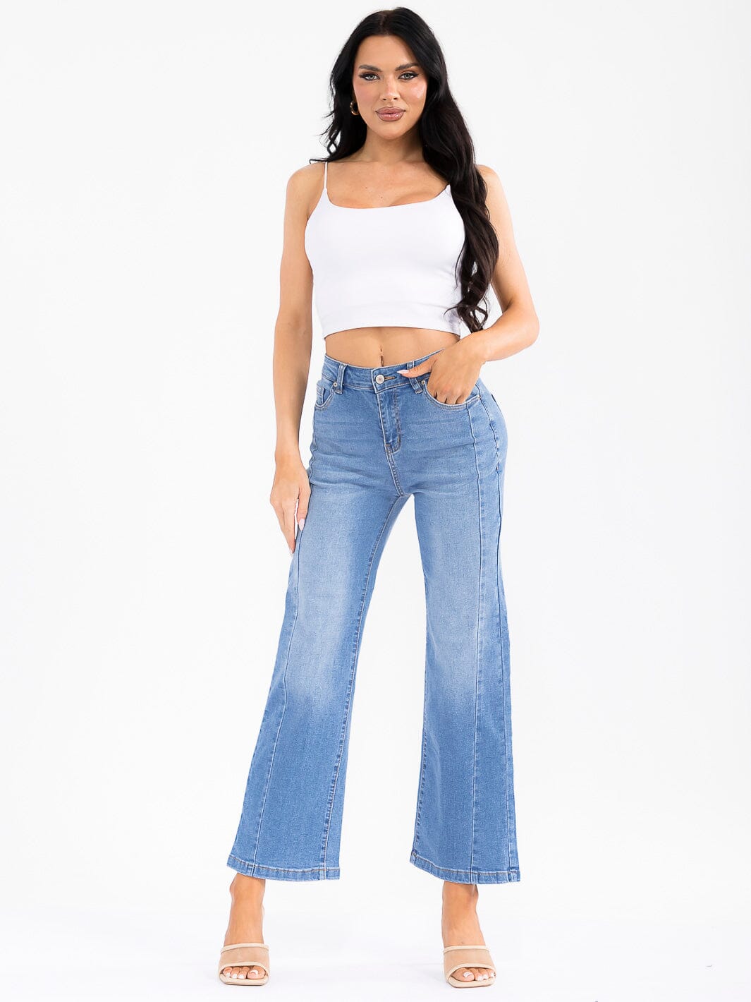 WOMEN'S BUTTON CLOSURE POCKETS STRETCH DENIM WASHED PANTS