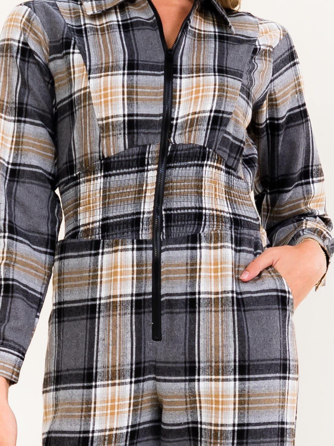 WOMEN'S LONG SLEEVE ZIP UP POCKETS ELASTIC WAIST SKINNY LEG PLAID JUMPSUIT