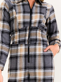 WOMEN'S LONG SLEEVE ZIP UP POCKETS ELASTIC WAIST SKINNY LEG PLAID JUMPSUIT