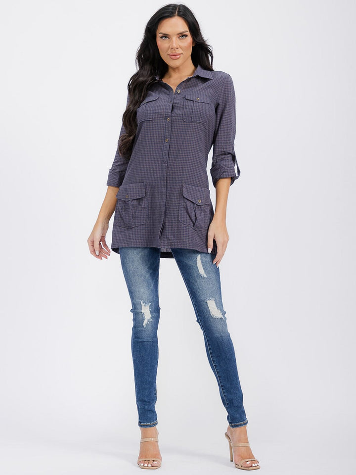 WOMEN'S LONG SLEEVE BUTTON UP FRONT POCKET PLAID TOP