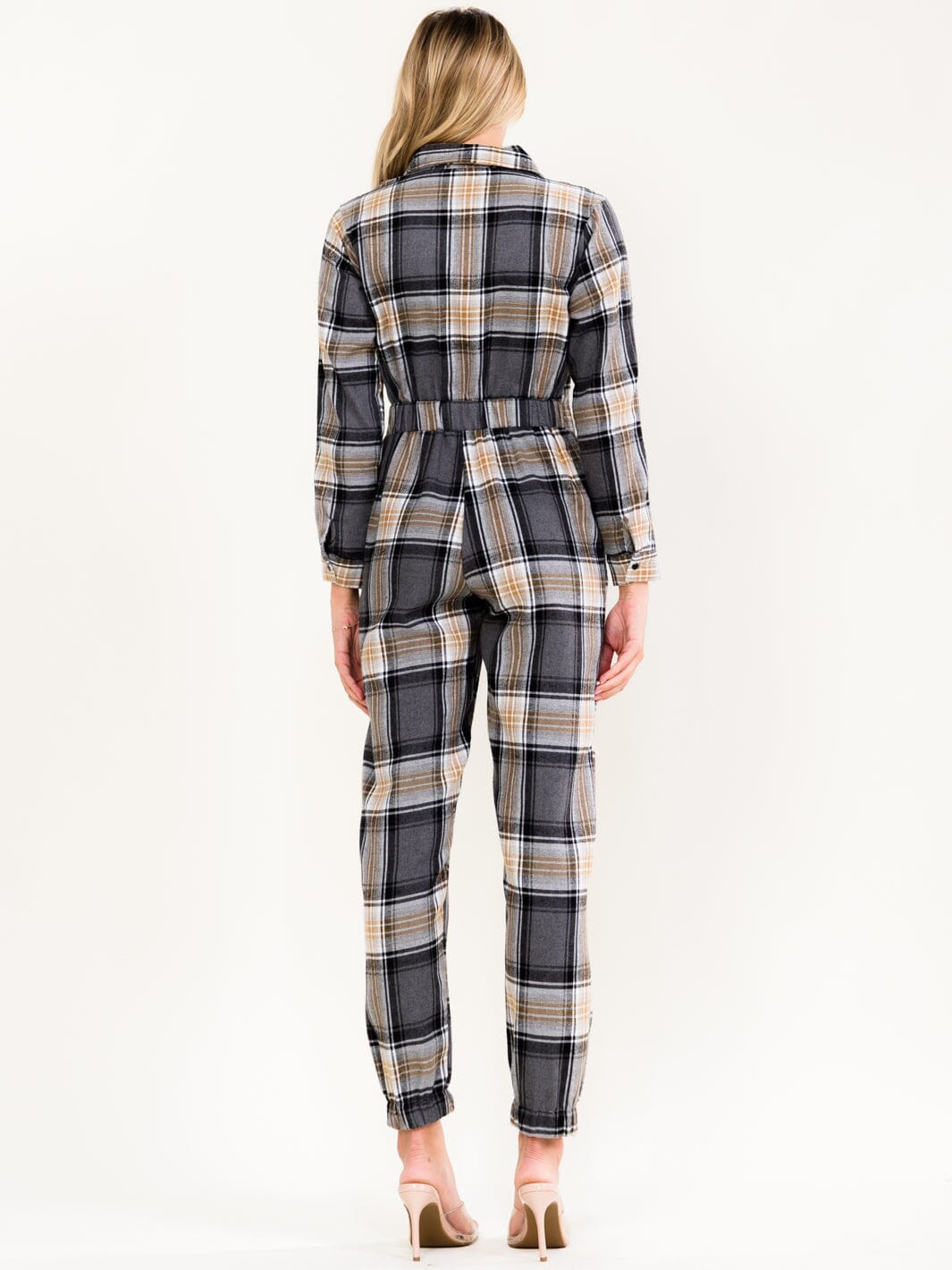 WOMEN'S LONG SLEEVE ZIP UP POCKETS ELASTIC WAIST SKINNY LEG PLAID JUMPSUIT