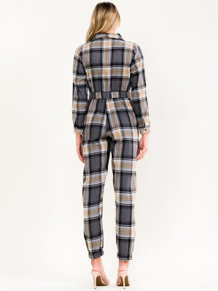 WOMEN'S LONG SLEEVE ZIP UP POCKETS ELASTIC WAIST SKINNY LEG PLAID JUMPSUIT